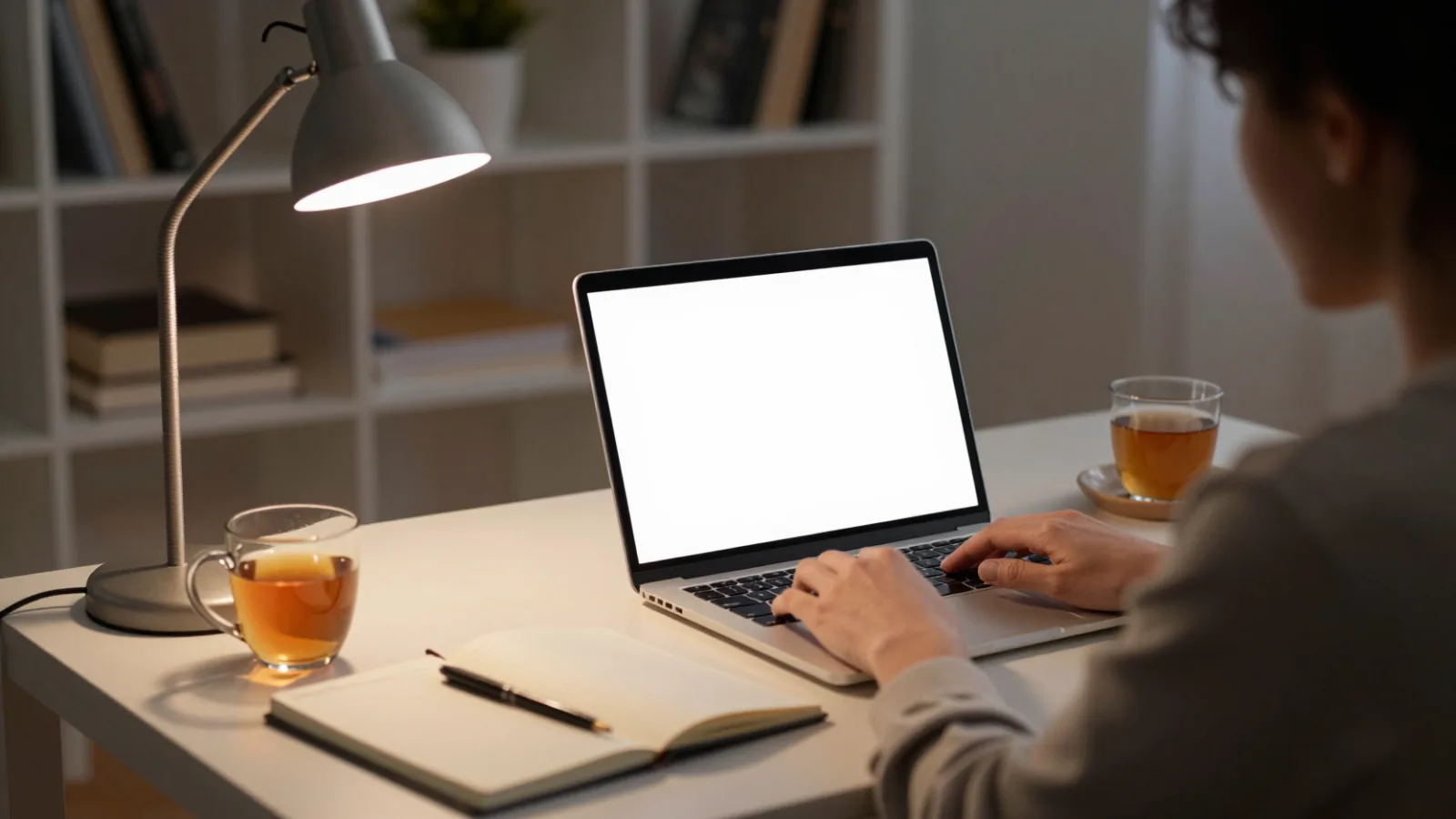 A person working on a side project at a laptop in the evening
