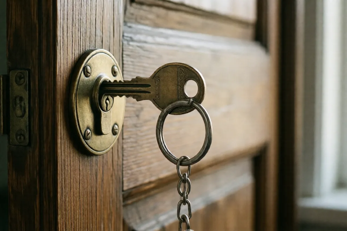 A key in the lock of a front door