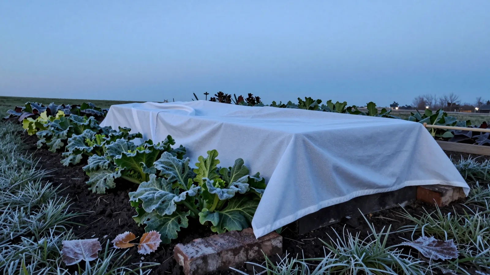 White frost cloth covering plants in a garden bed on a cold evening