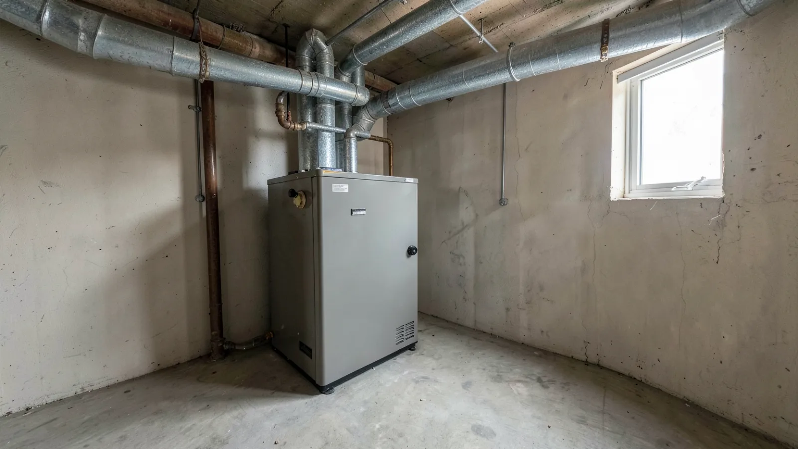 A home furnace in a basement utility room