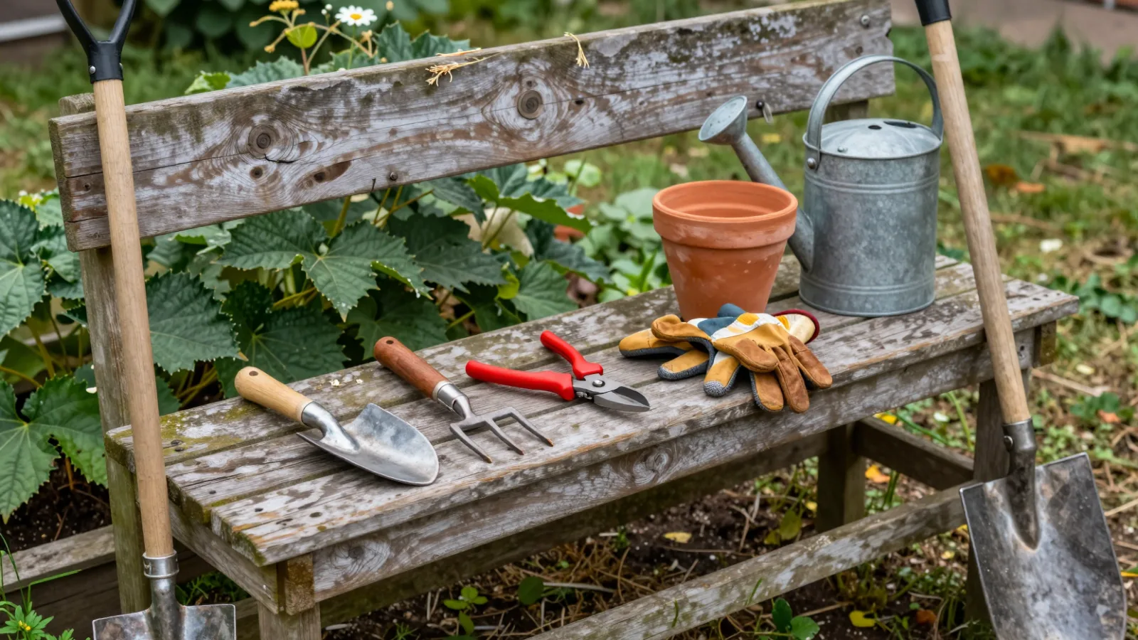 Garden tools on a wooden potting bench, including a trowel, hand fork, pruners and gloves, with a spade leaning against it