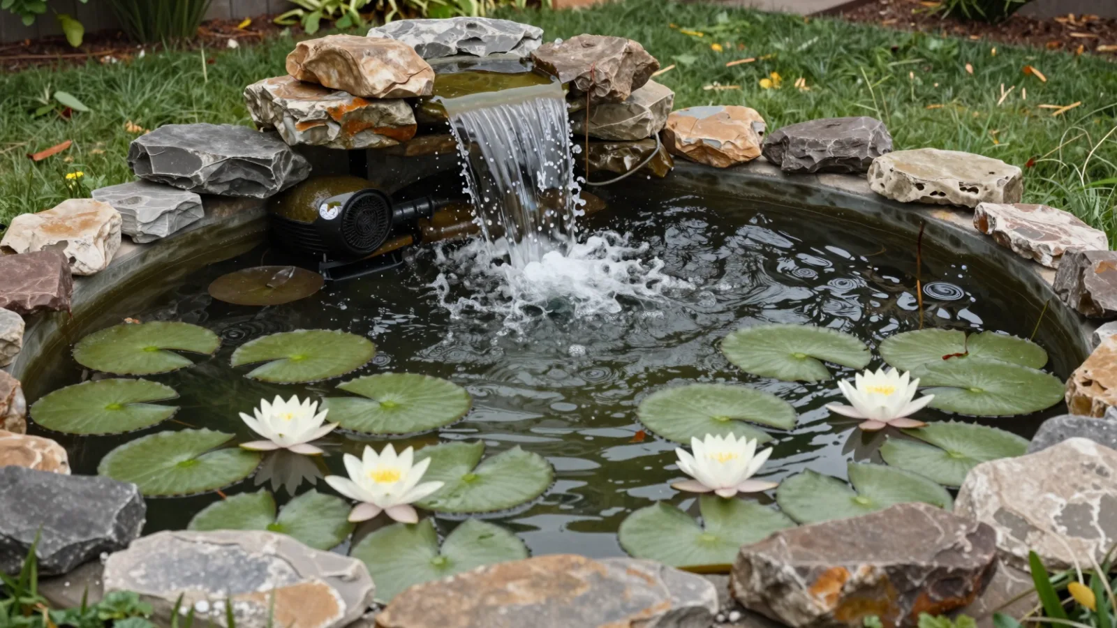 A garden pond with a stone waterfall, powered by a pump hidden in the water