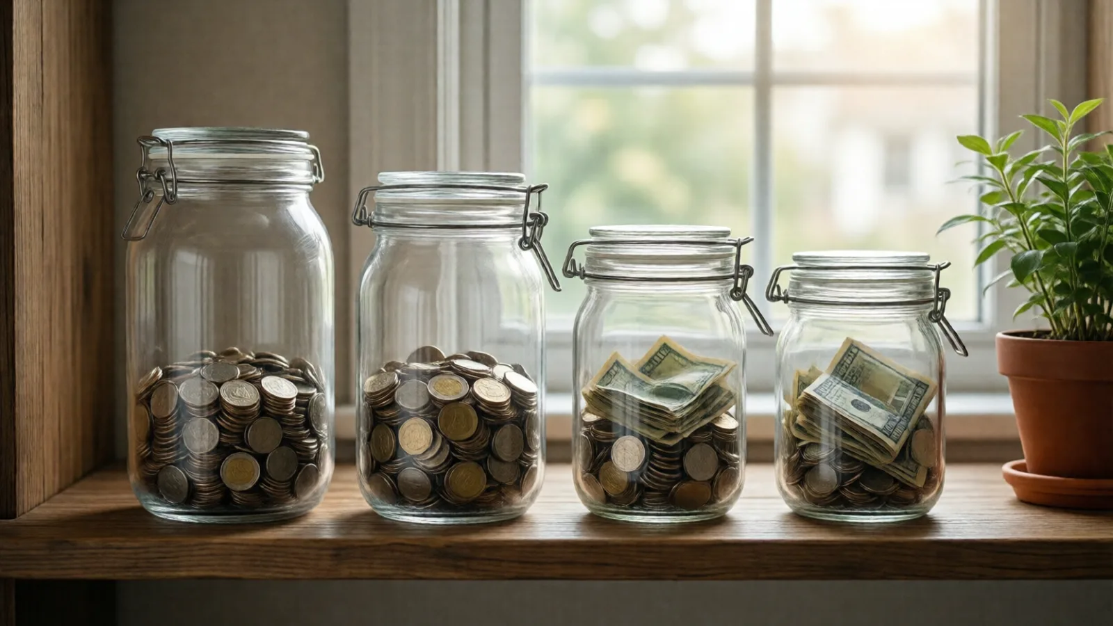 Glass jars holding savings for different goals