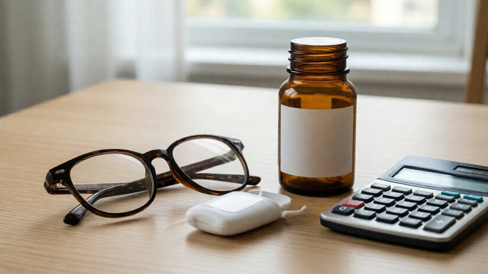 Glasses, dental floss and a pill bottle, common HSA and FSA expenses