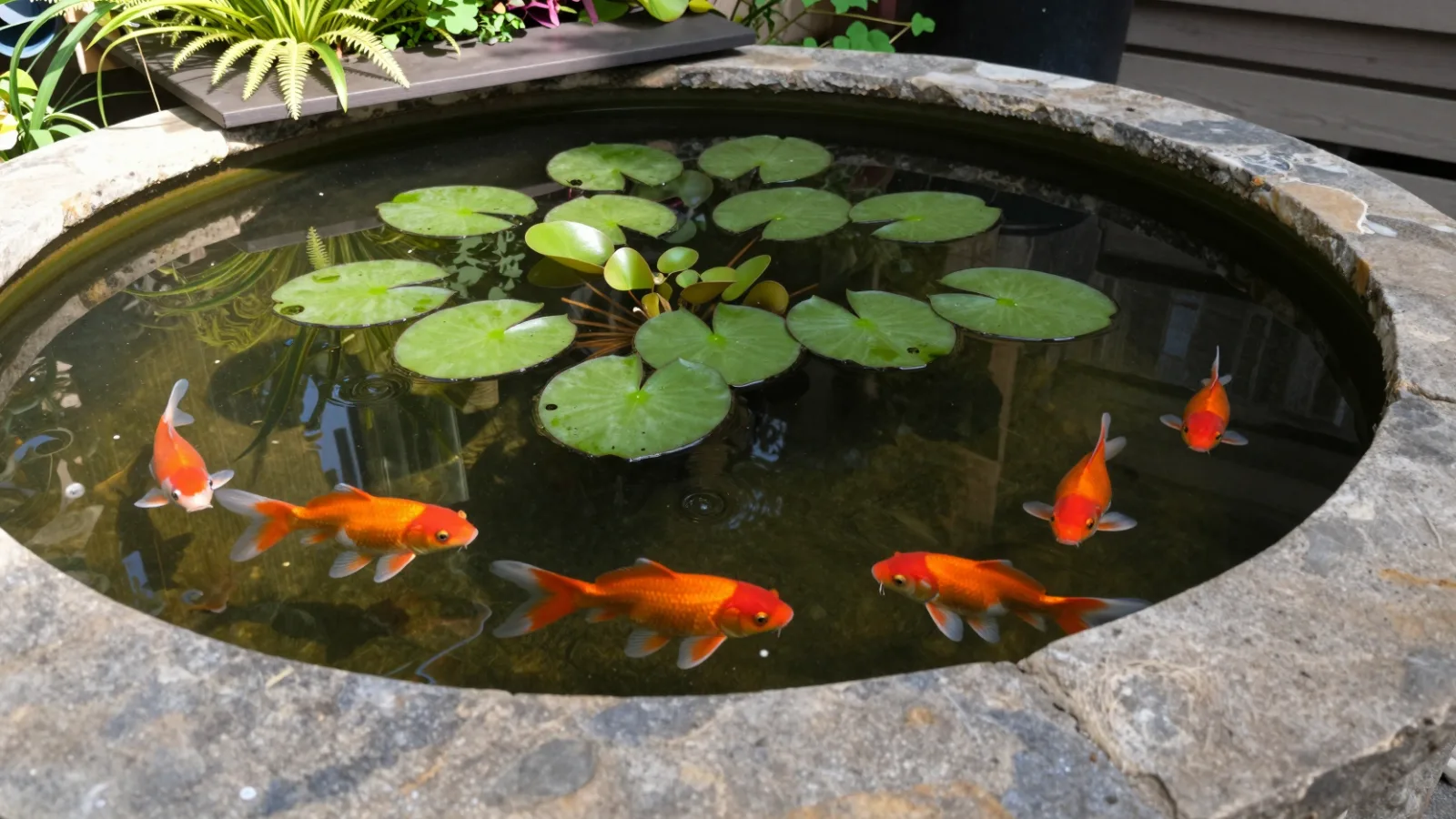 Goldfish swimming in a clear new garden pond