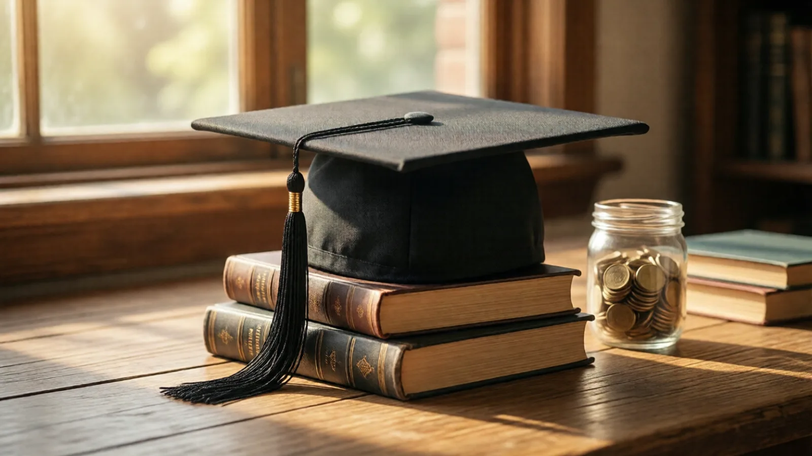 A graduation cap on books, saving for college