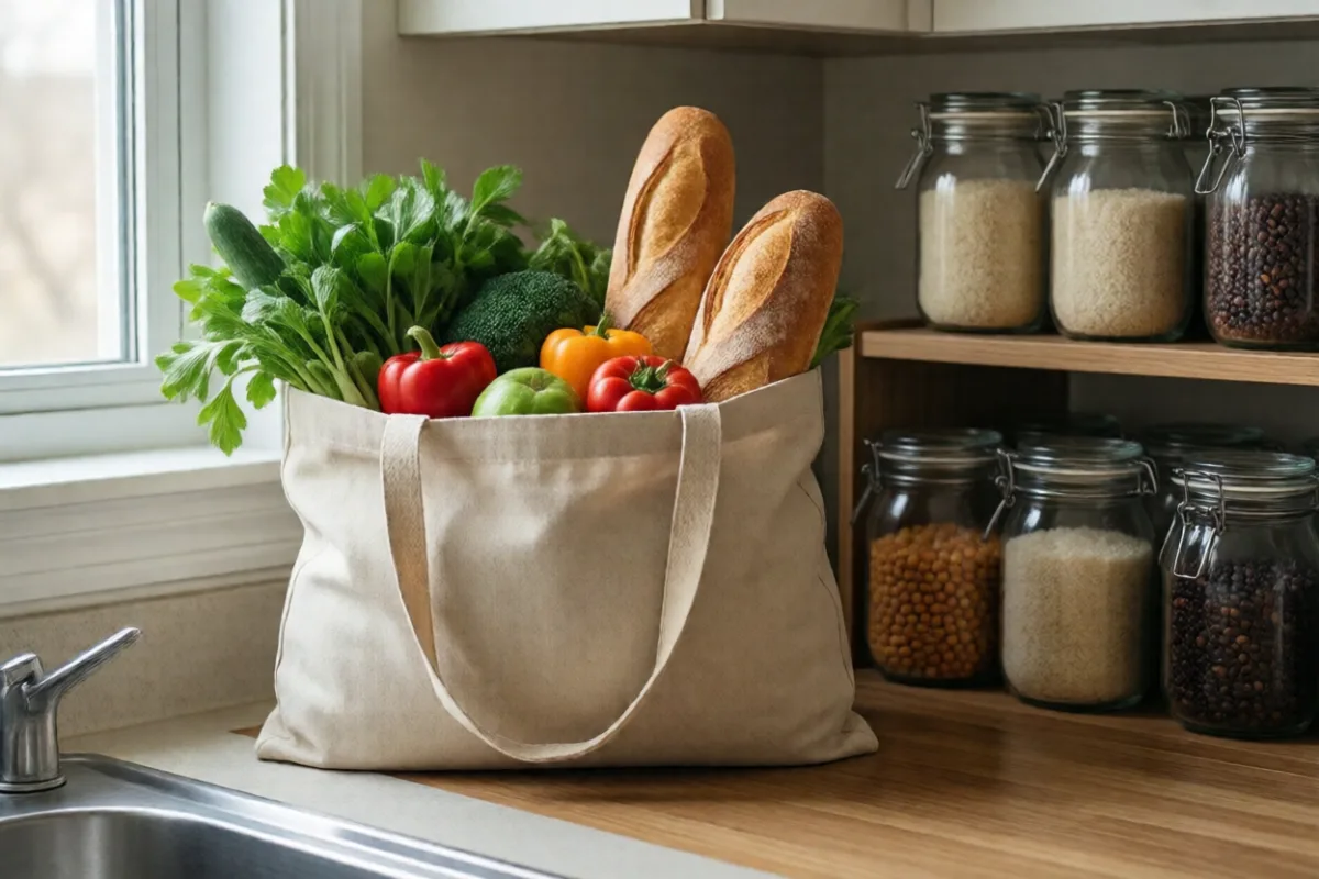 A bag of groceries beside a pantry shelf with jars of rice and beans
