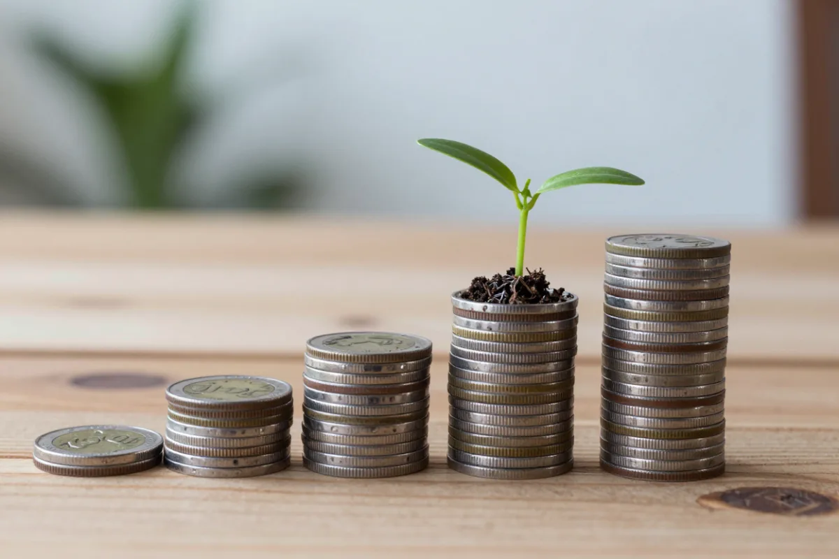 Stacks of coins growing taller, showing savings growing with interest
