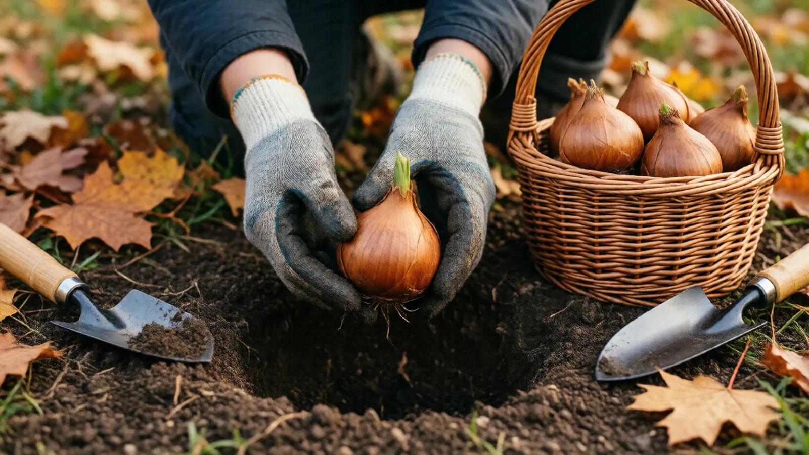 Planting tulip bulbs in a garden bed in fall