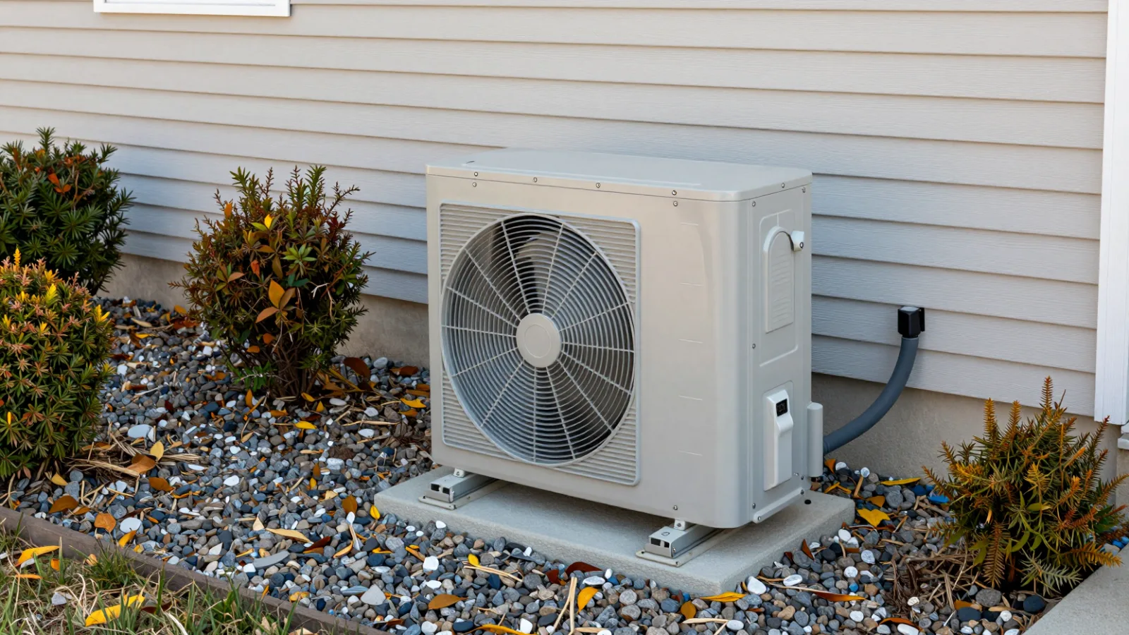 An outdoor heat pump unit beside a house