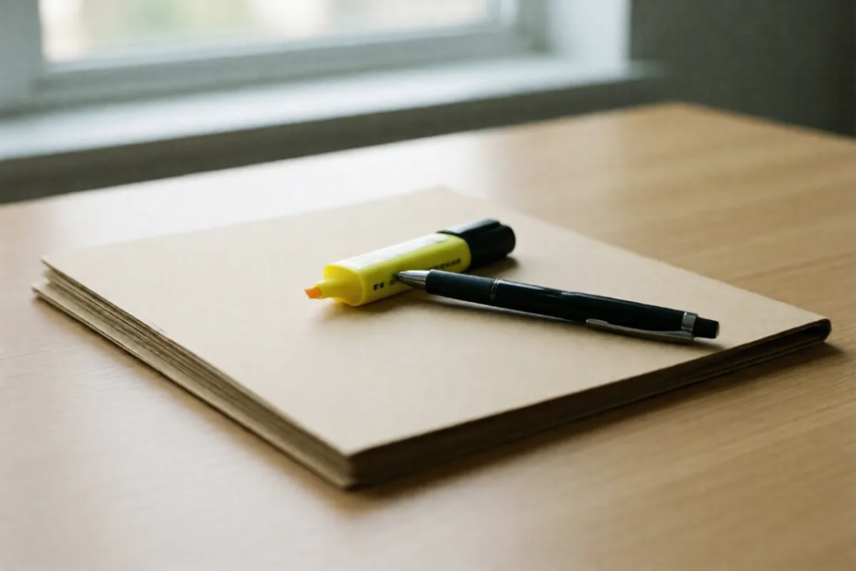 A highlighter and pen on a closed folder on a desk