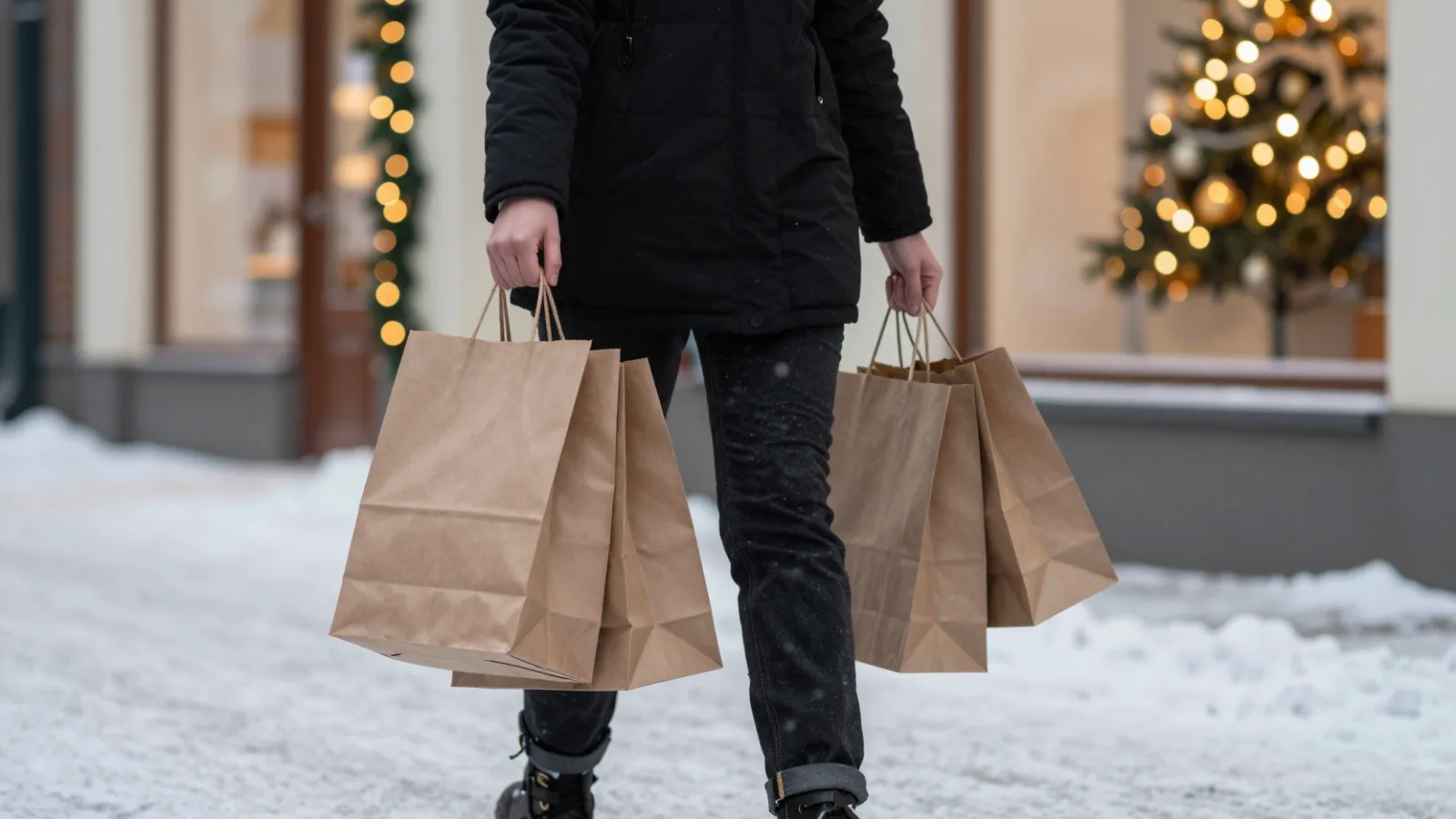 A holiday shopper carrying several shopping bags on a festive street