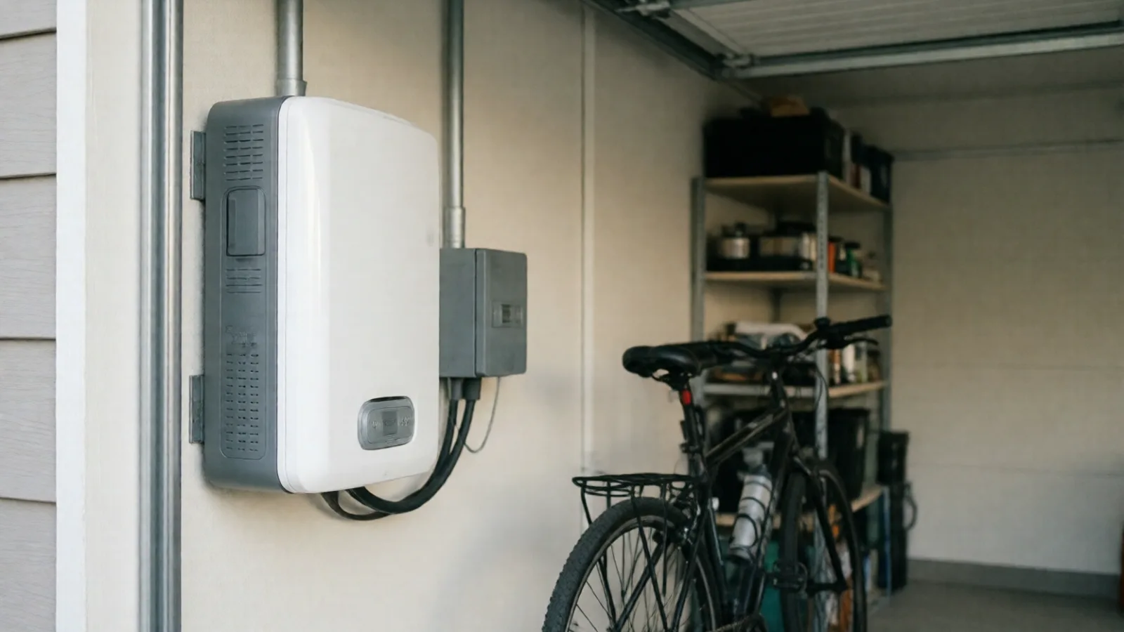 A wall-mounted home battery in a tidy garage