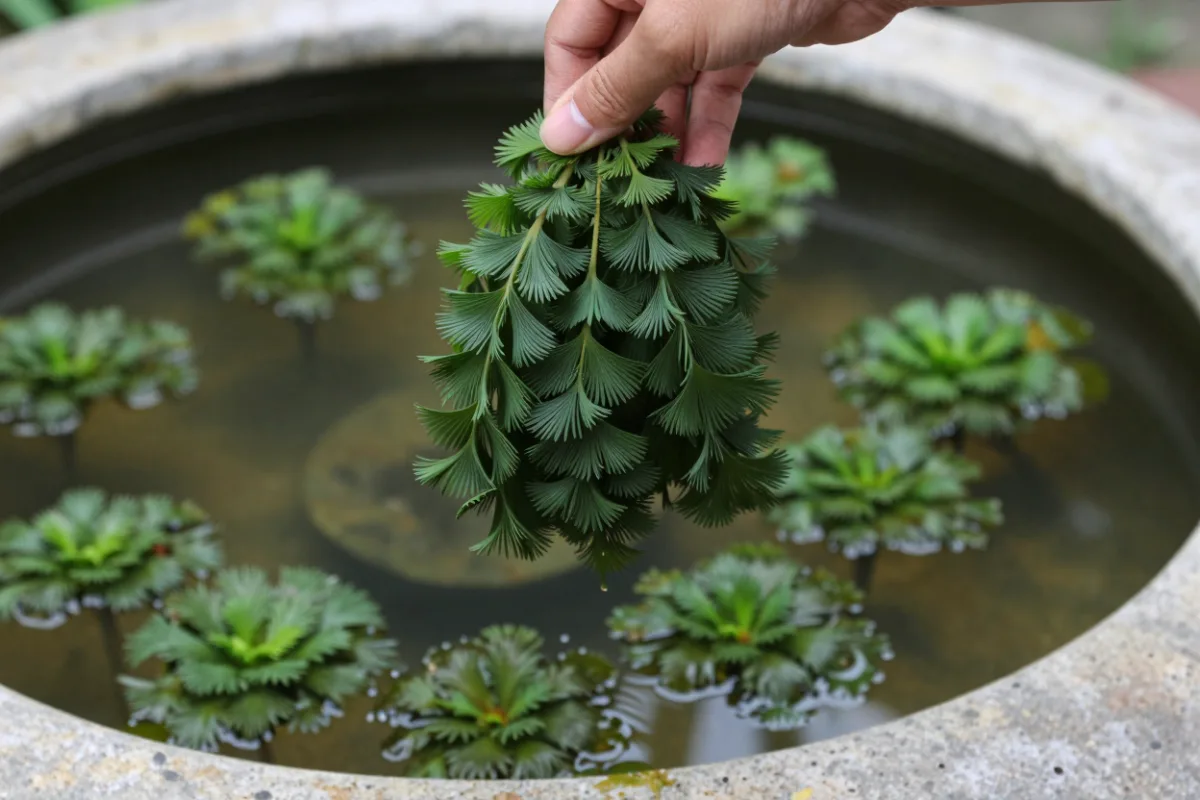 A bunch of hornwort oxygenating plant ready to add to a pond