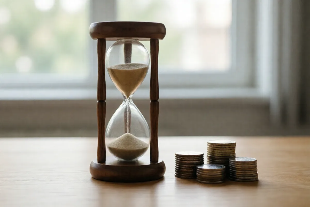 An hourglass and coins, showing savings locked away for a set time