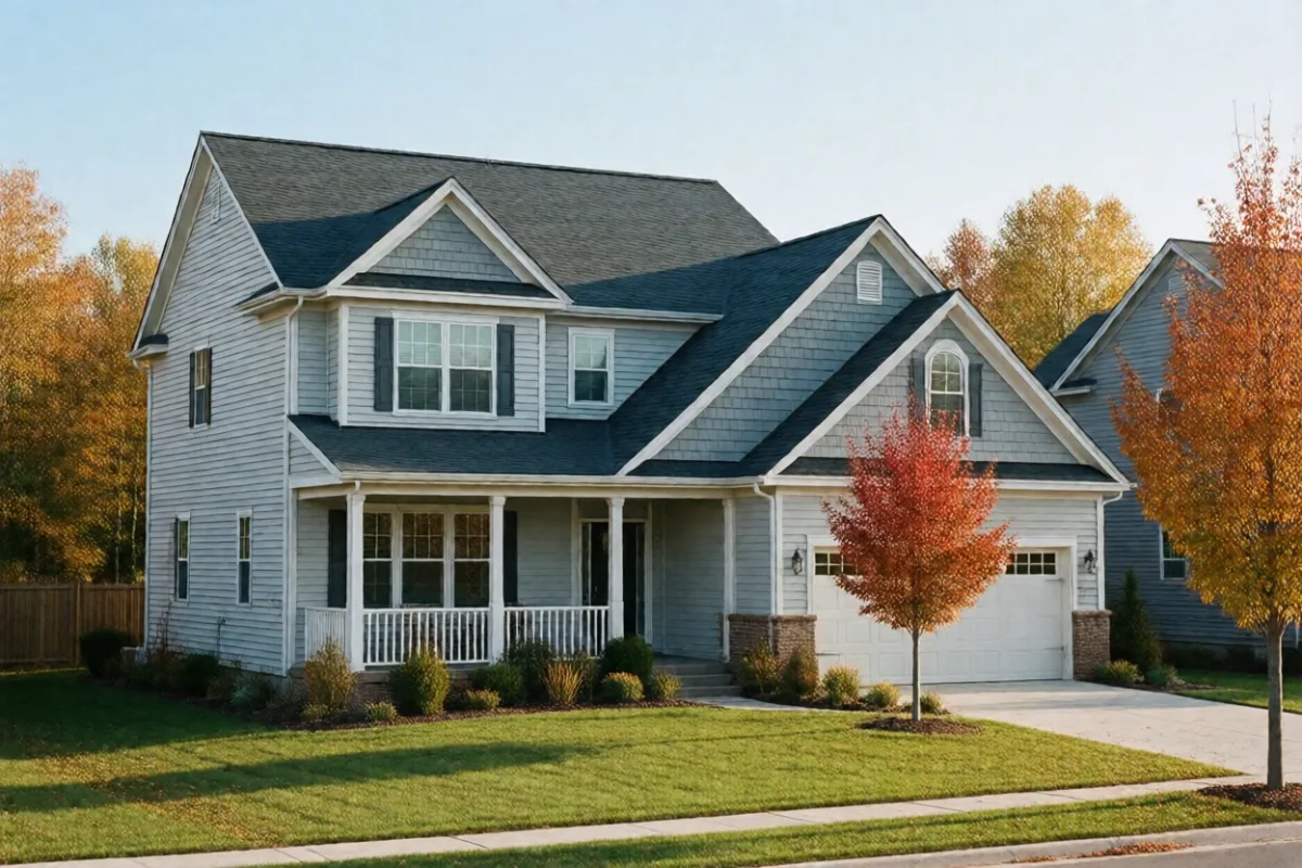 A house with a new roof and fresh siding in autumn