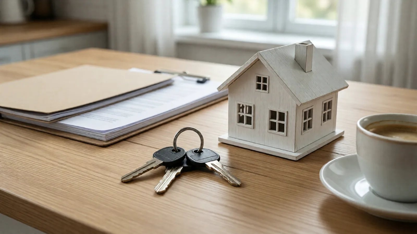 House keys beside a small model house on a kitchen table