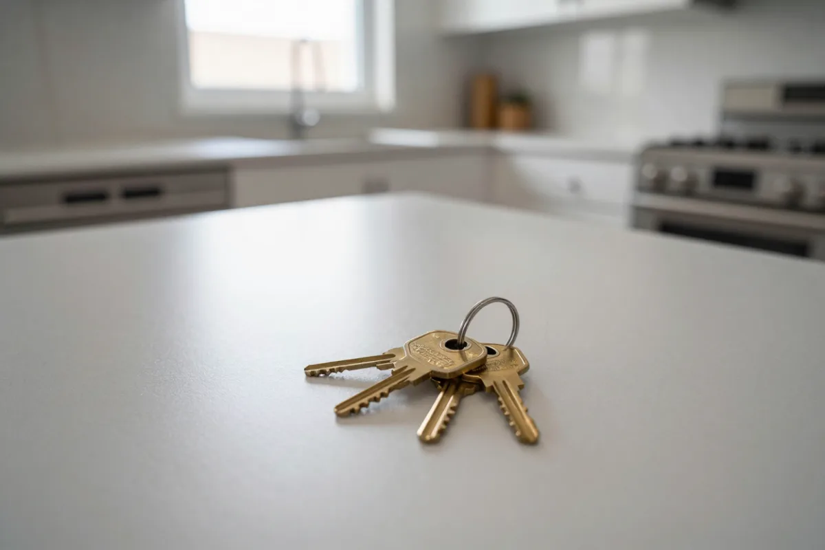 A set of house keys on a kitchen counter in an empty home