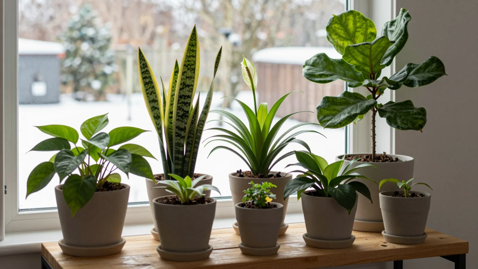 Healthy houseplants grouped beside a bright window on a winter day