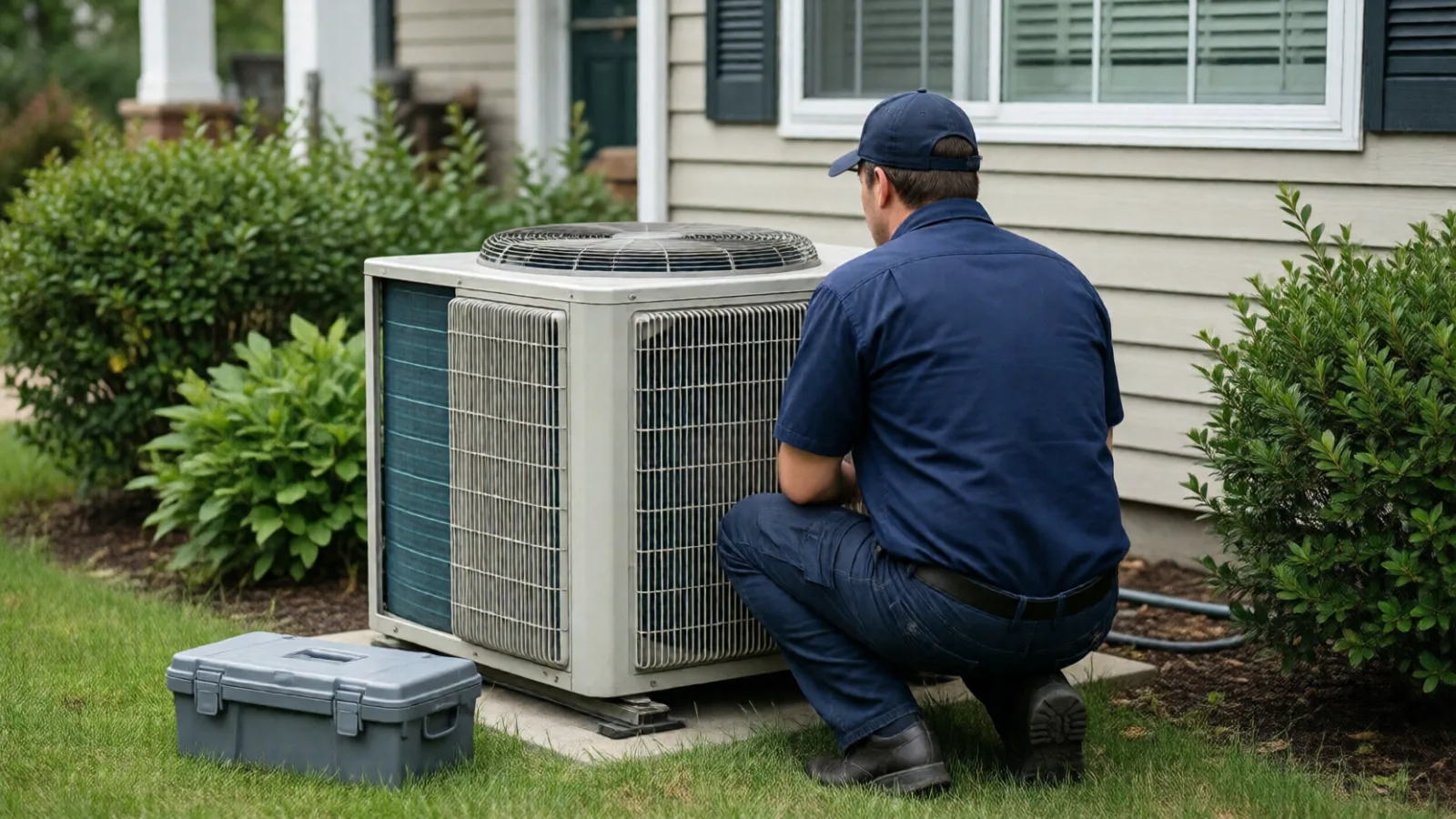 An HVAC technician servicing an outdoor air conditioning unit