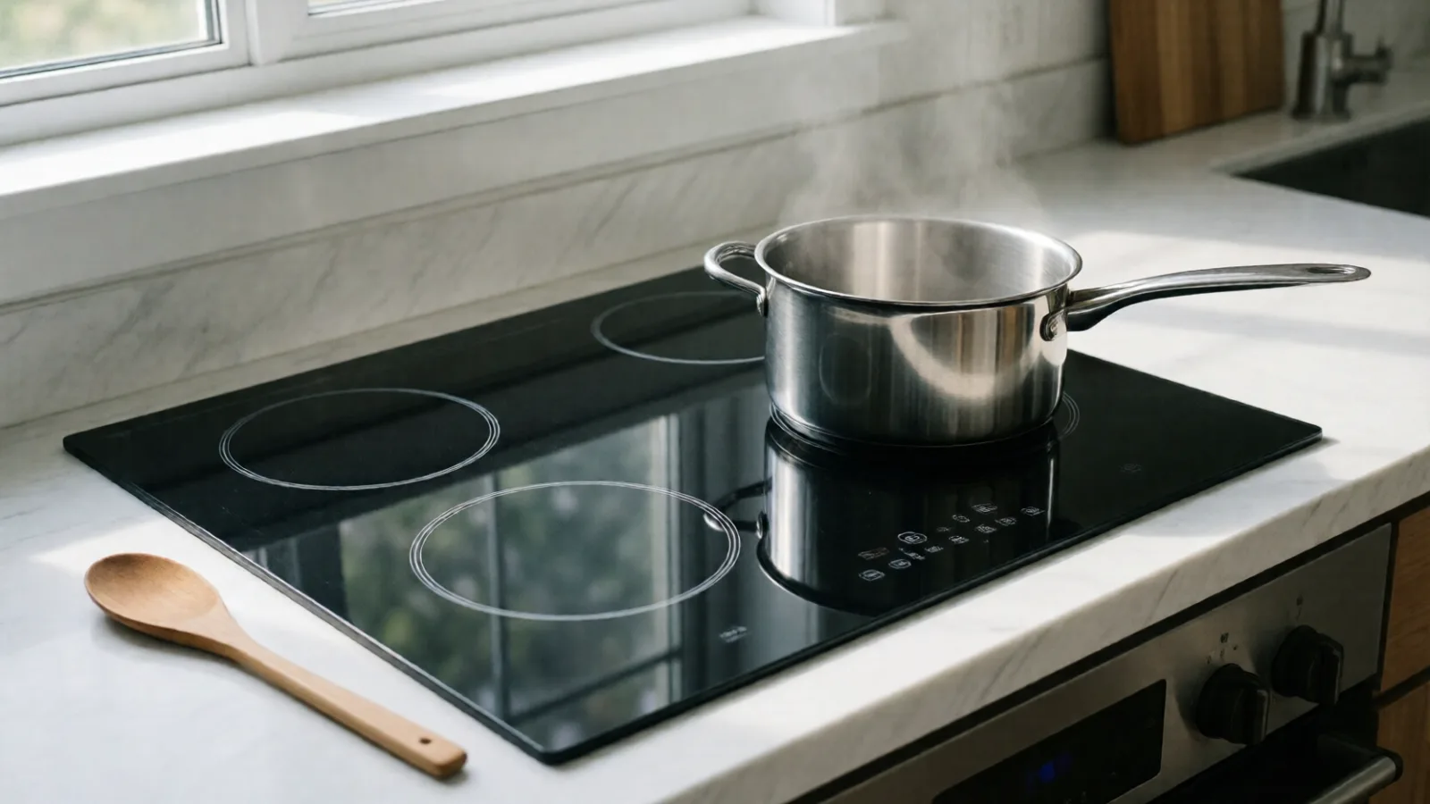A pot steaming on an induction cooktop in a modern kitchen