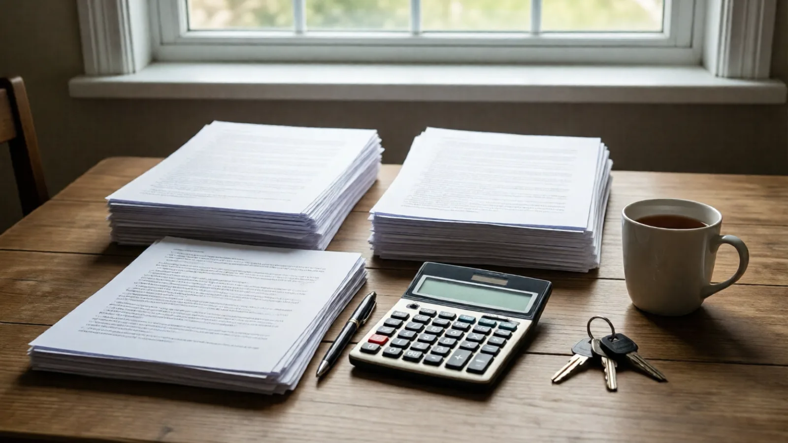 Mortgage papers, a calculator and house keys on a kitchen table