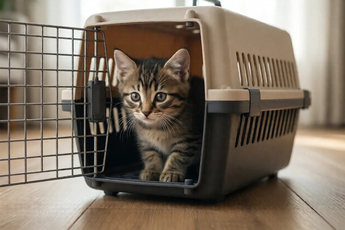 A kitten in a pet carrier, ready for the vet