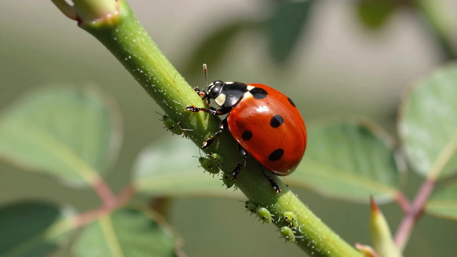 A ladybug among green aphids on a rose stem
