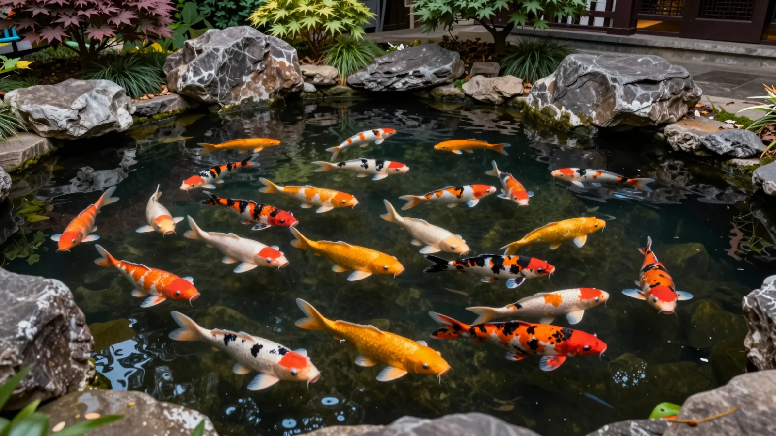 Large orange, white, red and black koi swimming in a clear, deep backyard pond