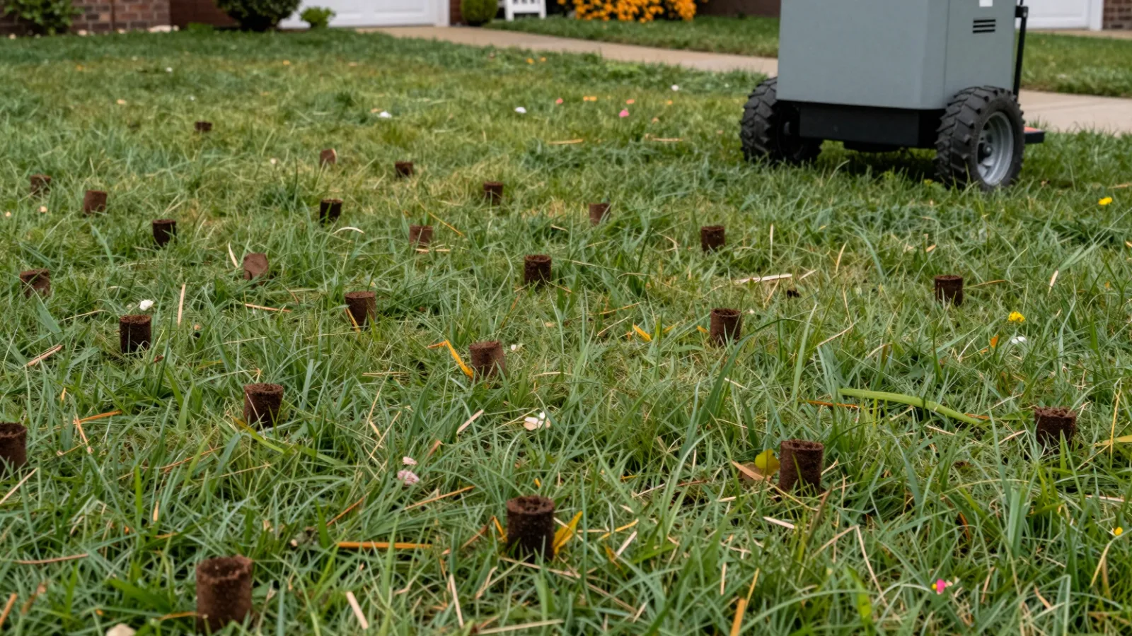 A lawn covered in soil plugs after core aeration