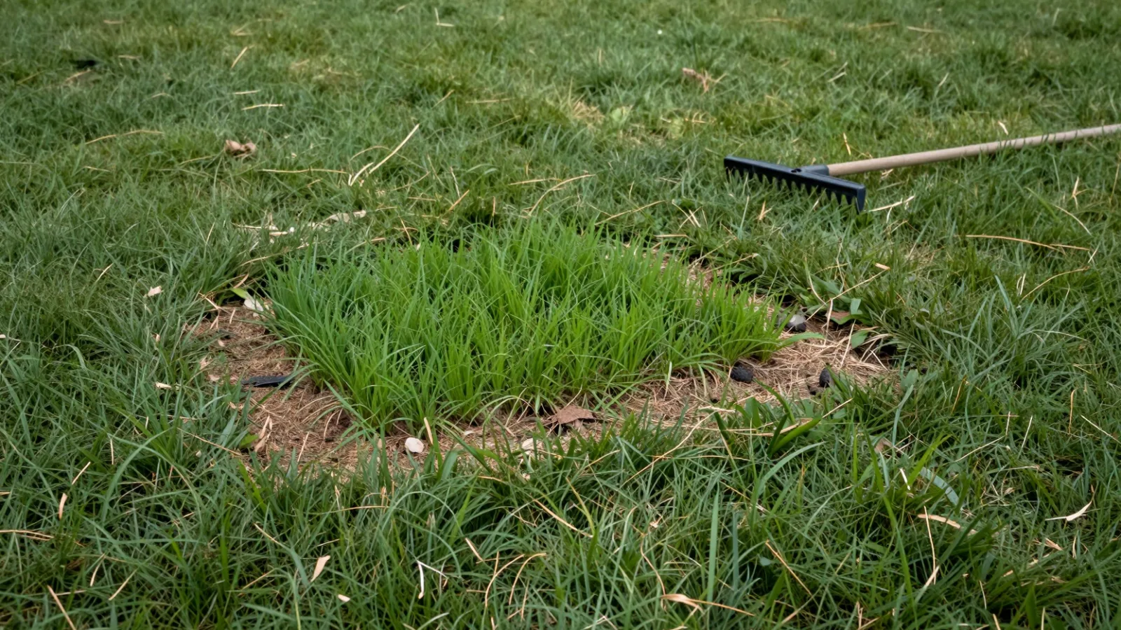 A repaired bare patch in a lawn with new grass growing