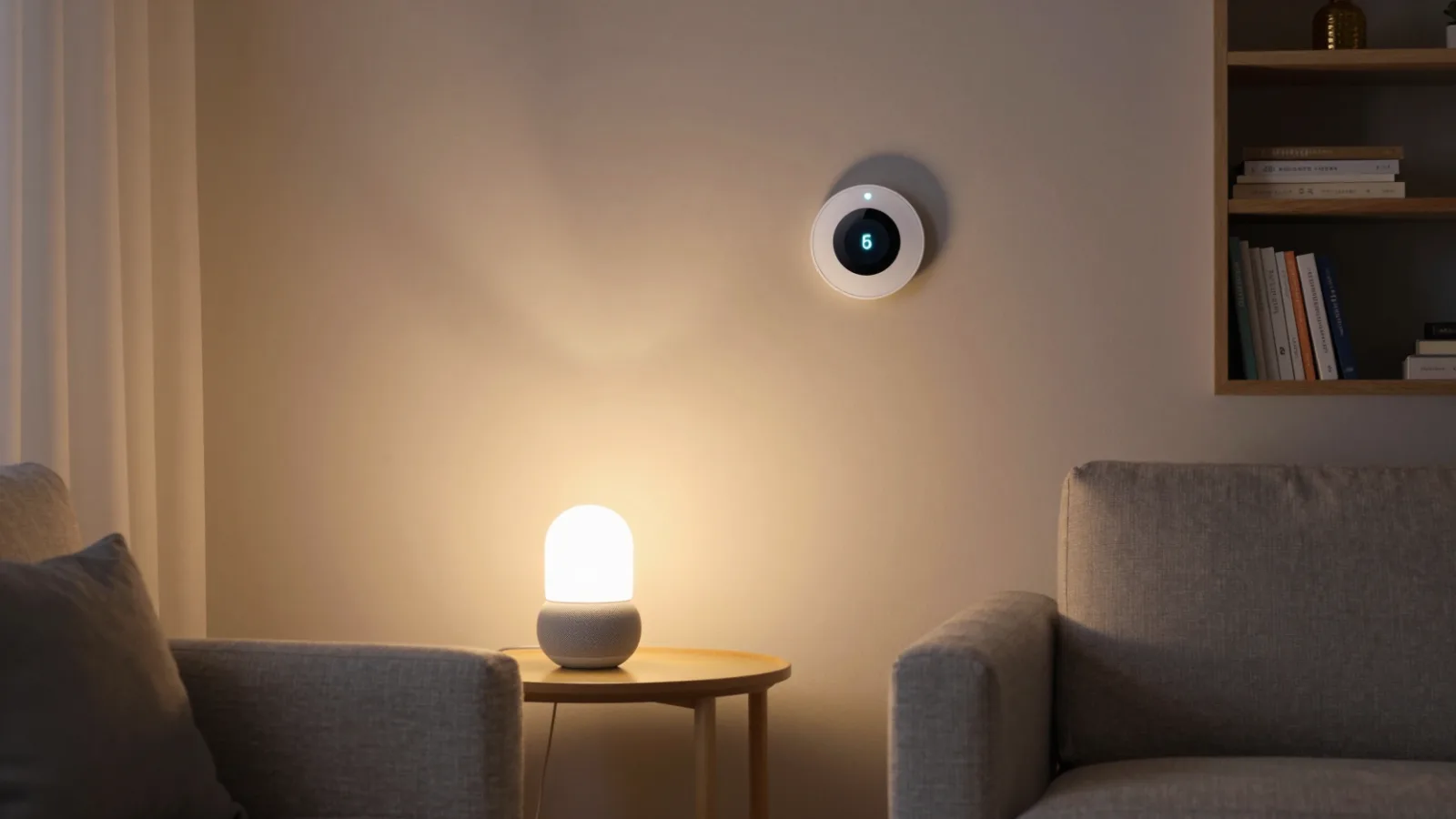 A cozy living room with smart bulbs, a smart speaker and a smart thermostat