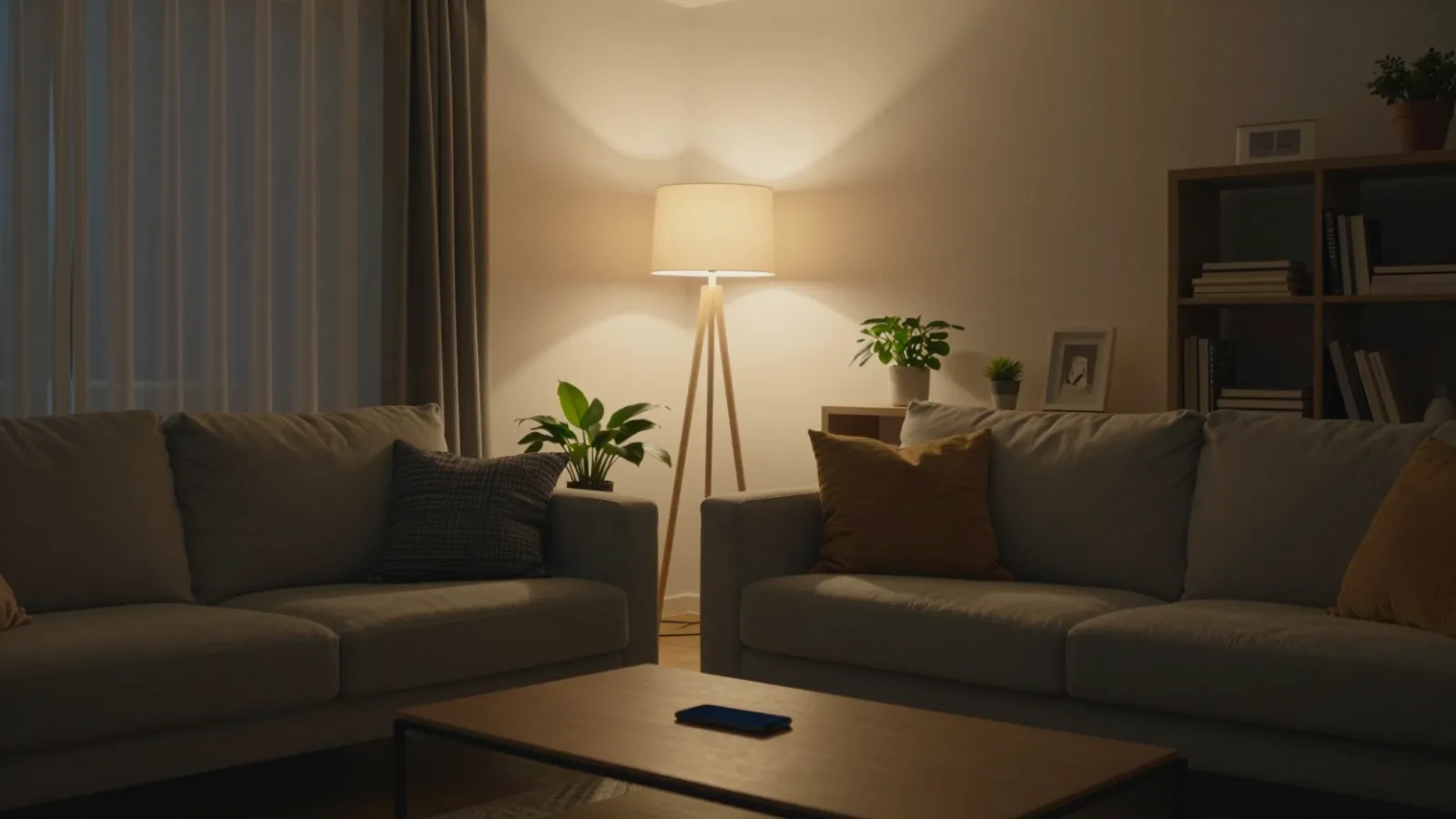 A living room lit by warm, dimmed smart lighting in the evening