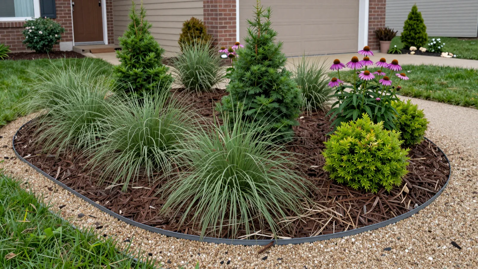 A low-maintenance garden with grasses, shrubs, mulch and a gravel path