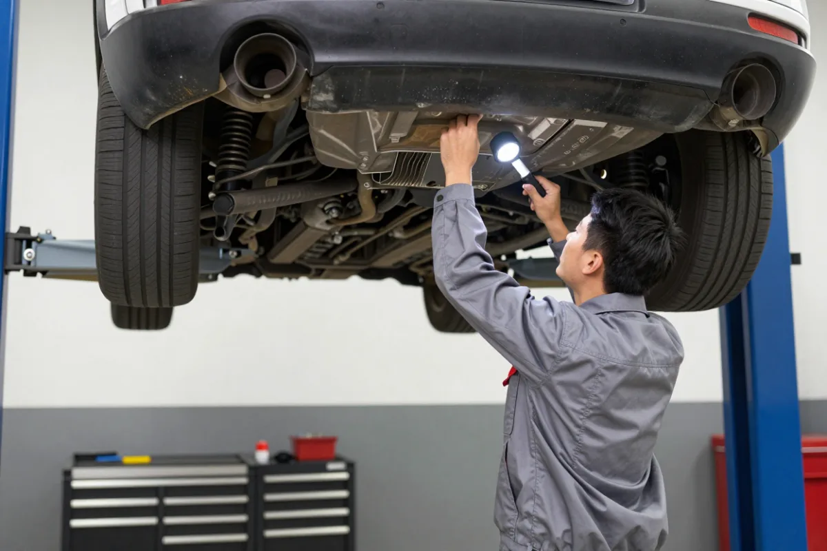 A mechanic inspecting the underside of a car on a lift