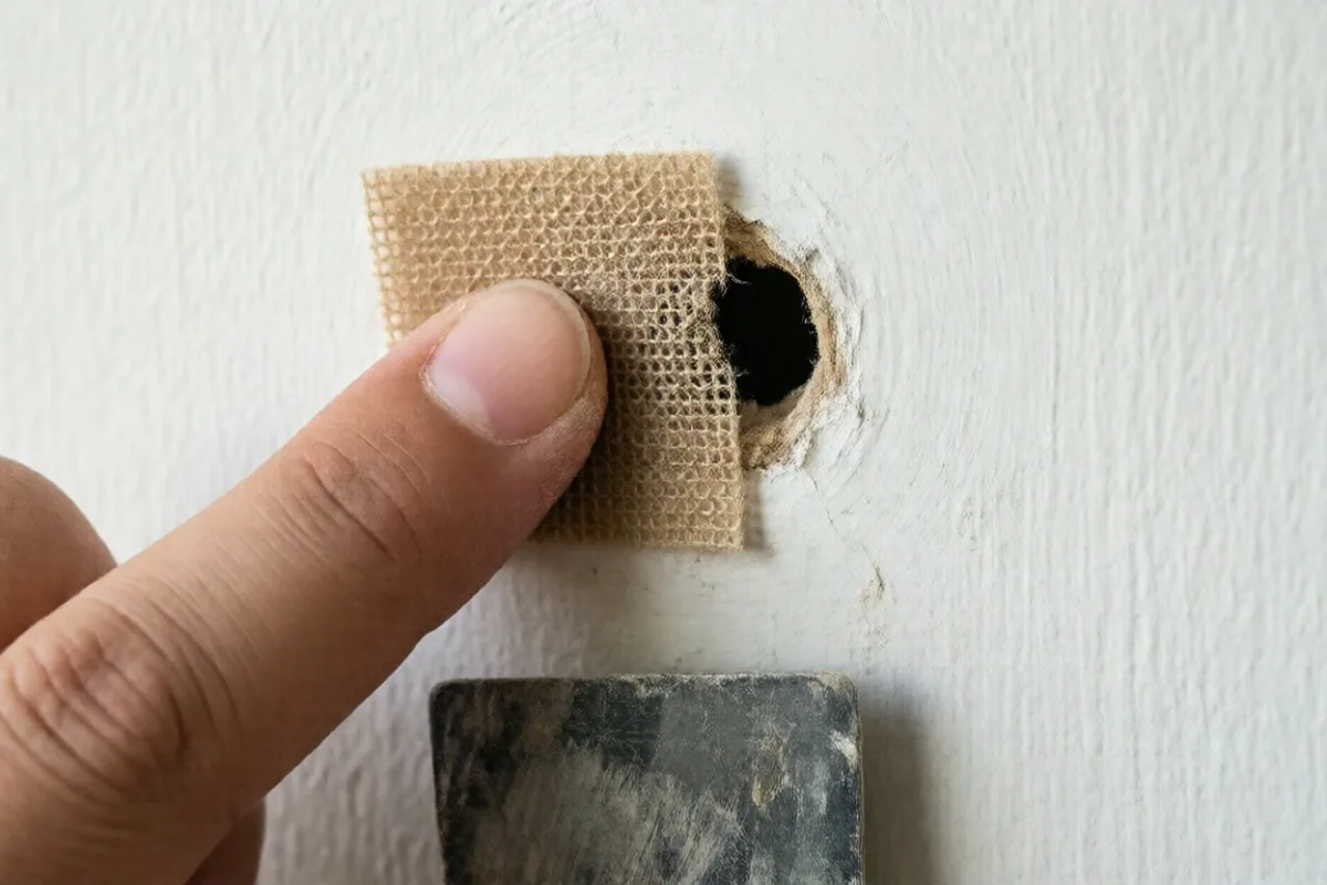 Applying a self-adhesive mesh patch over a hole in drywall