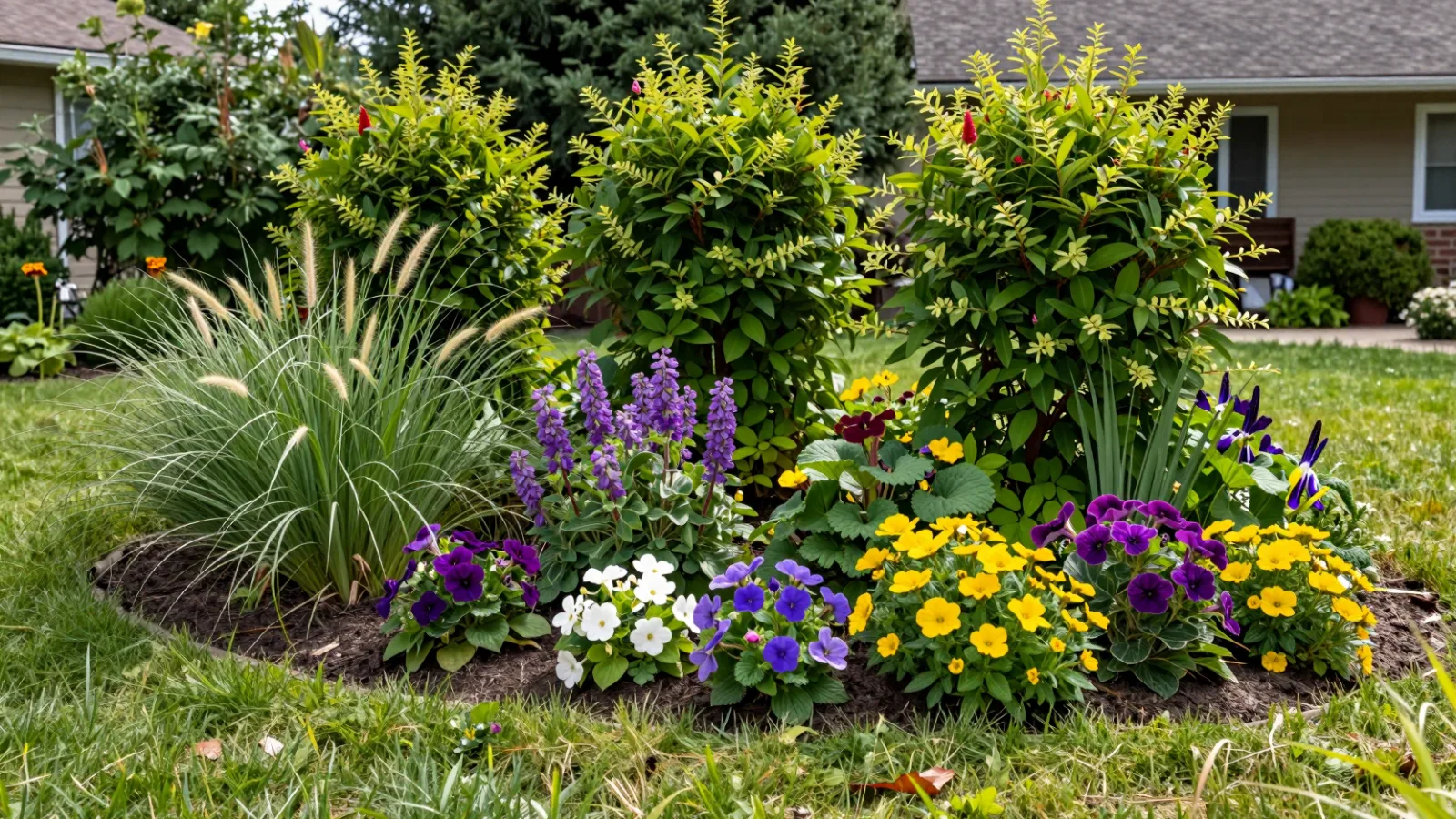 A mixed garden border with shrubs at the back and perennials and grasses in front