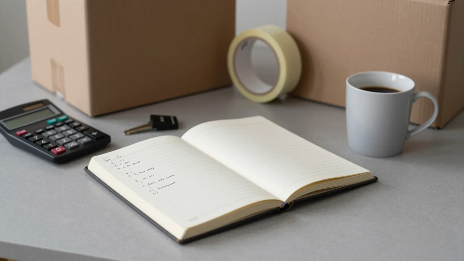 Planning a moving budget at a table with moving boxes behind