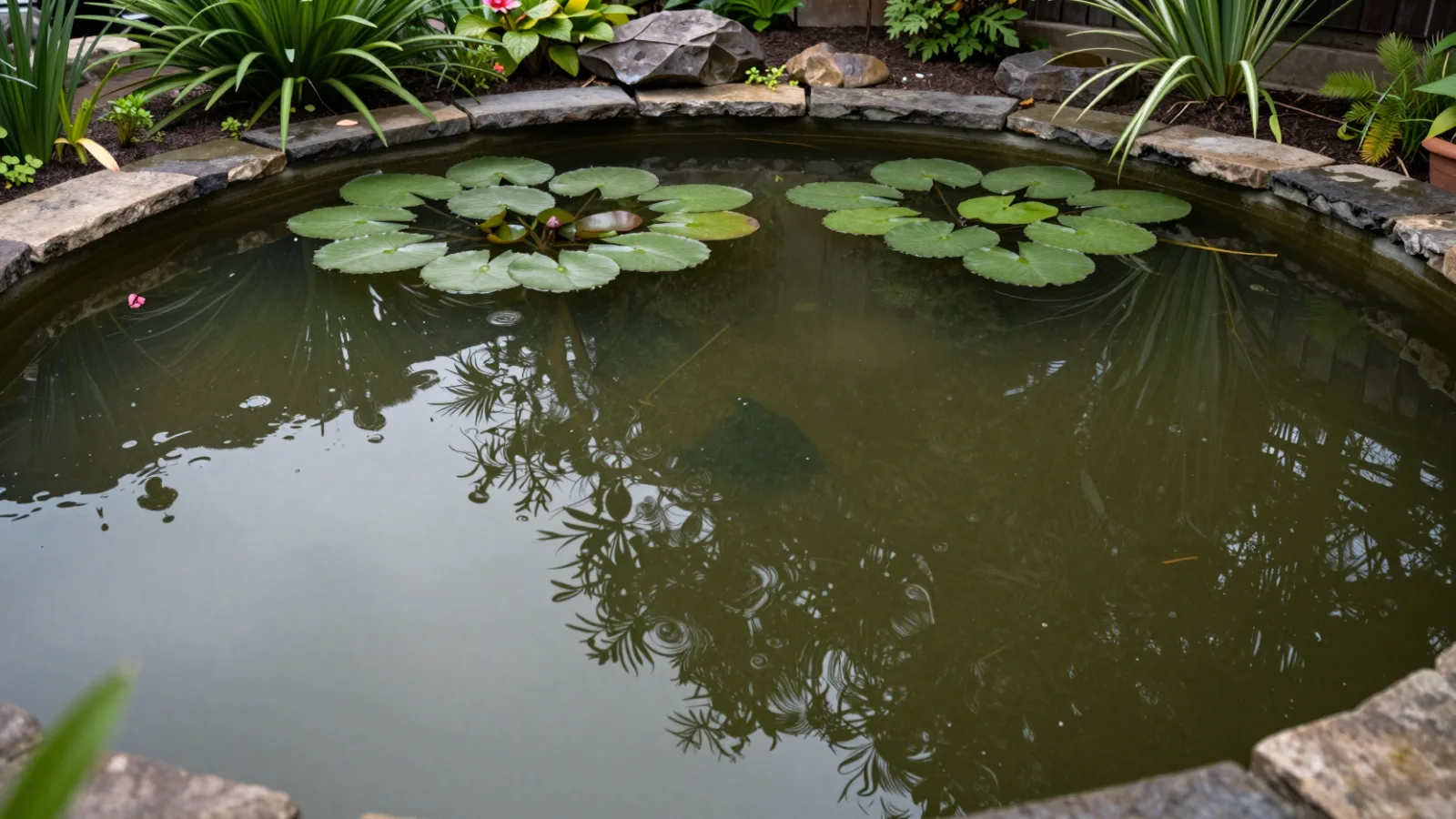A garden pond with murky, cloudy water