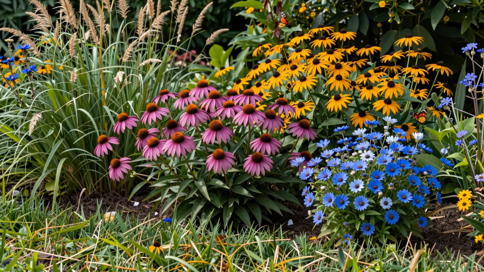 A garden border of native wildflowers with bees and a butterfly