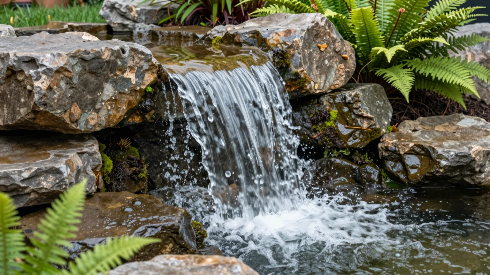 A natural stone waterfall spilling a smooth sheet of water into a garden pond, with ferns and grasses around it