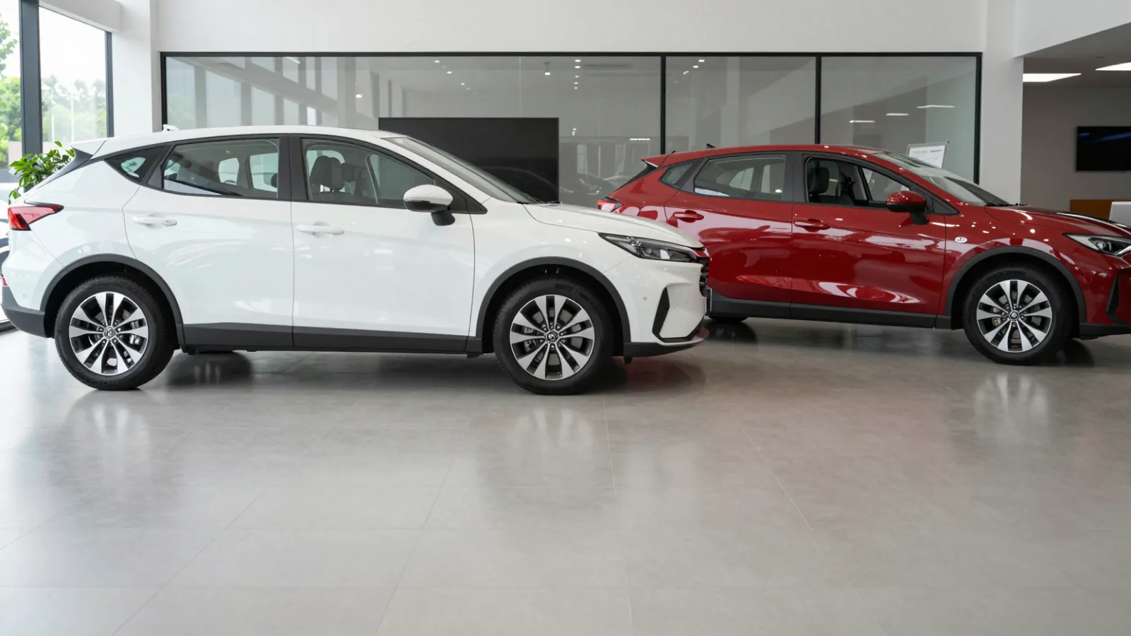 New cars on display in a bright dealership showroom