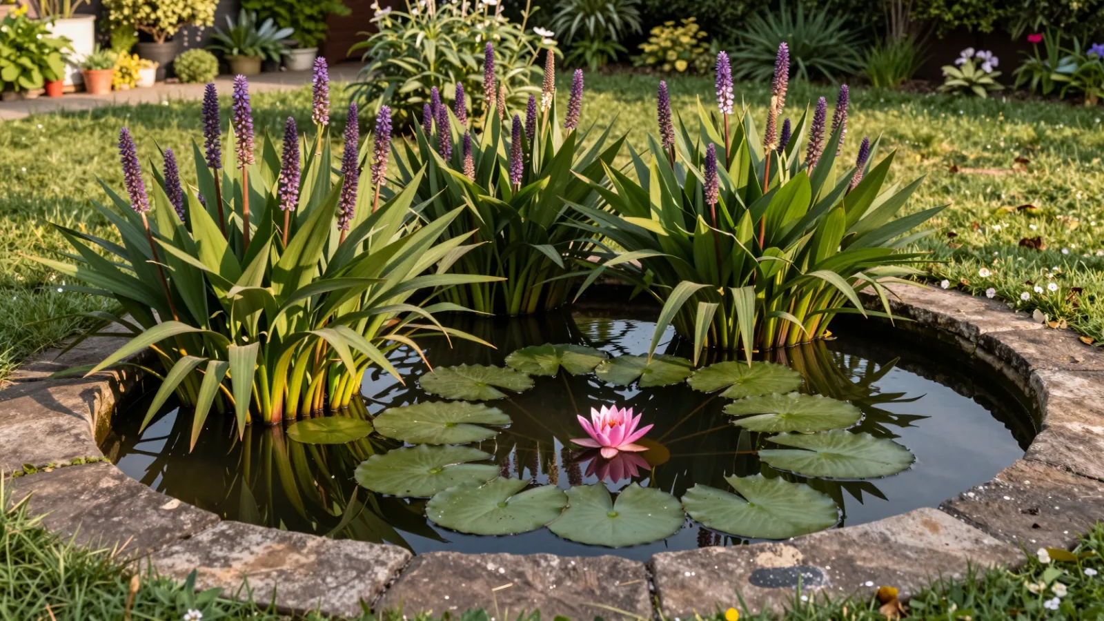 A new garden pond planted with marginal plants and water lilies