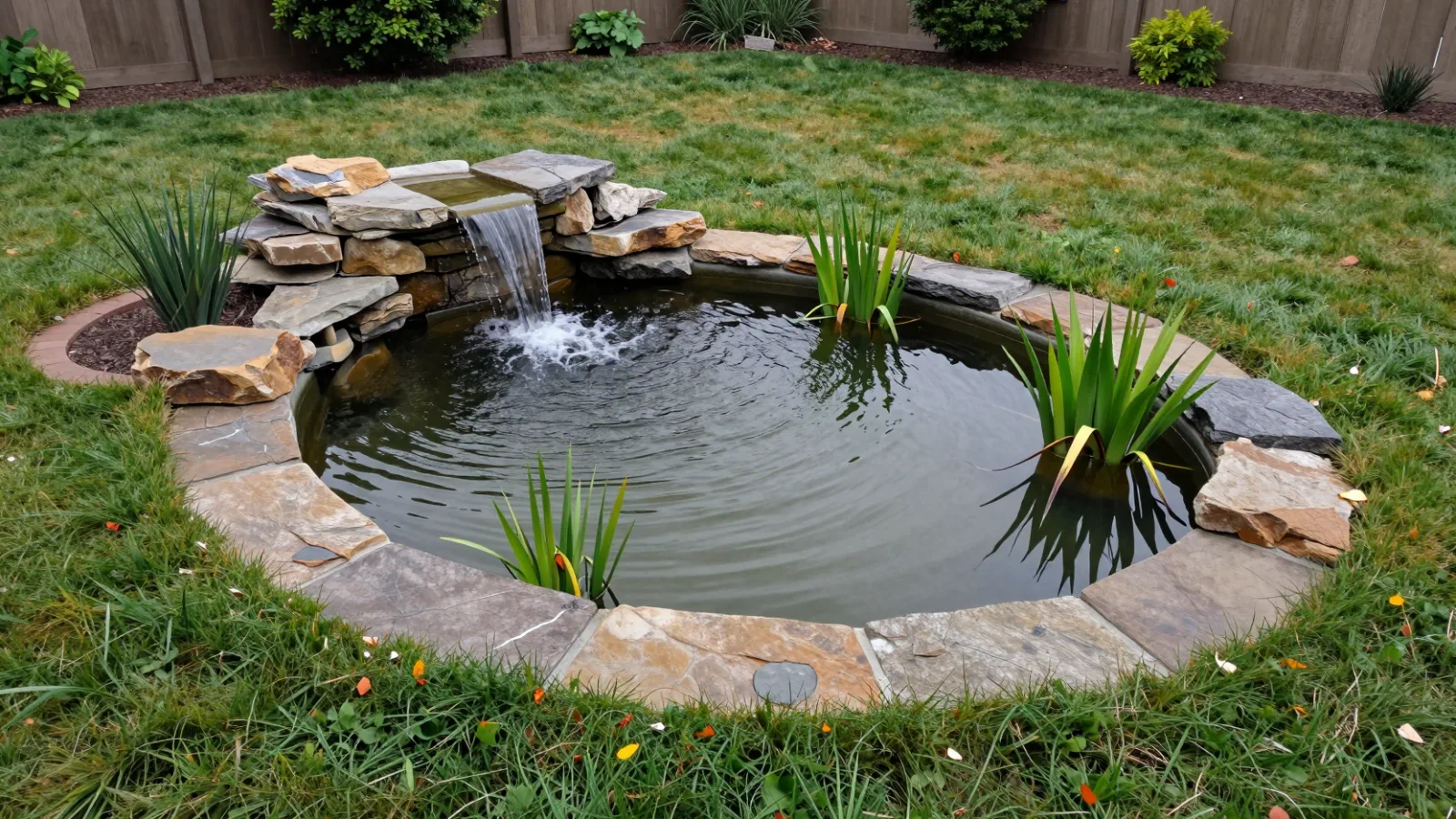 A newly built backyard pond with stone edging, a small waterfall and young plants around the shallows