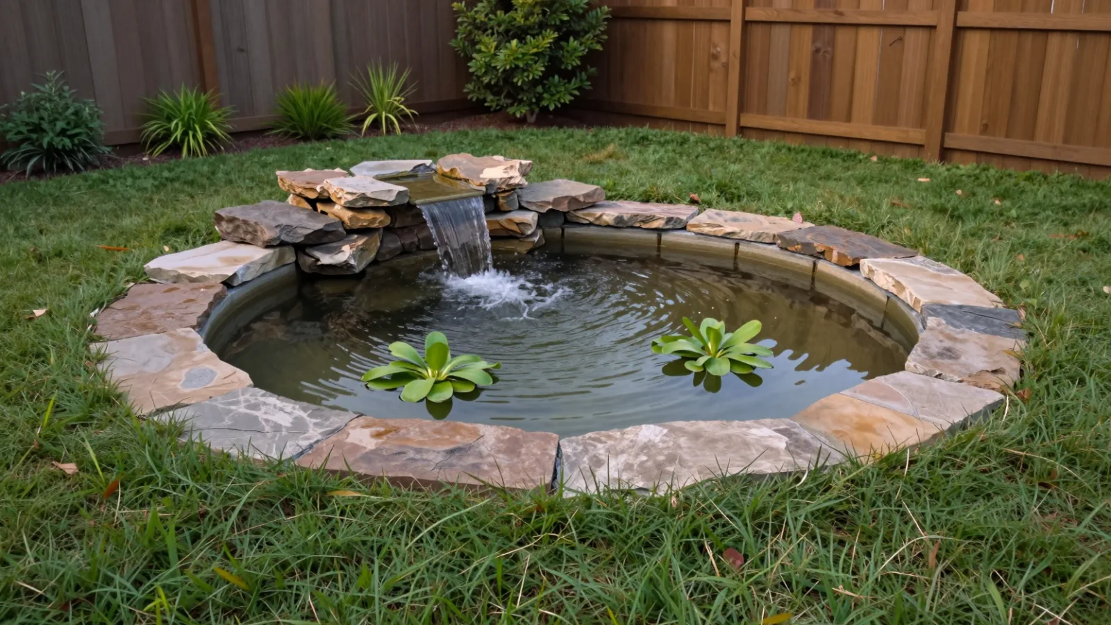 A newly built backyard pond with a flagstone edge and small waterfall