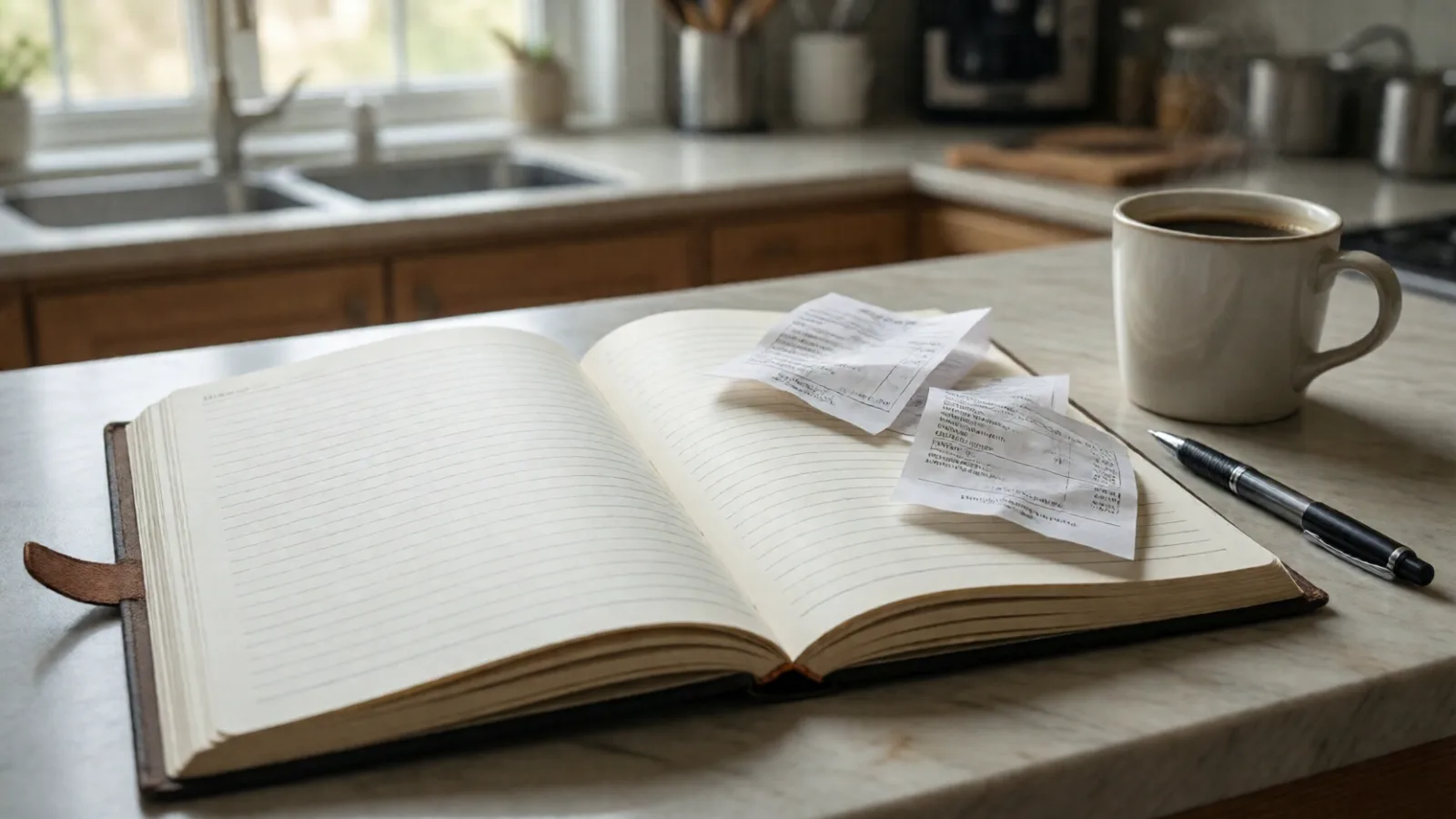 Receipts and a notebook for tracking spending