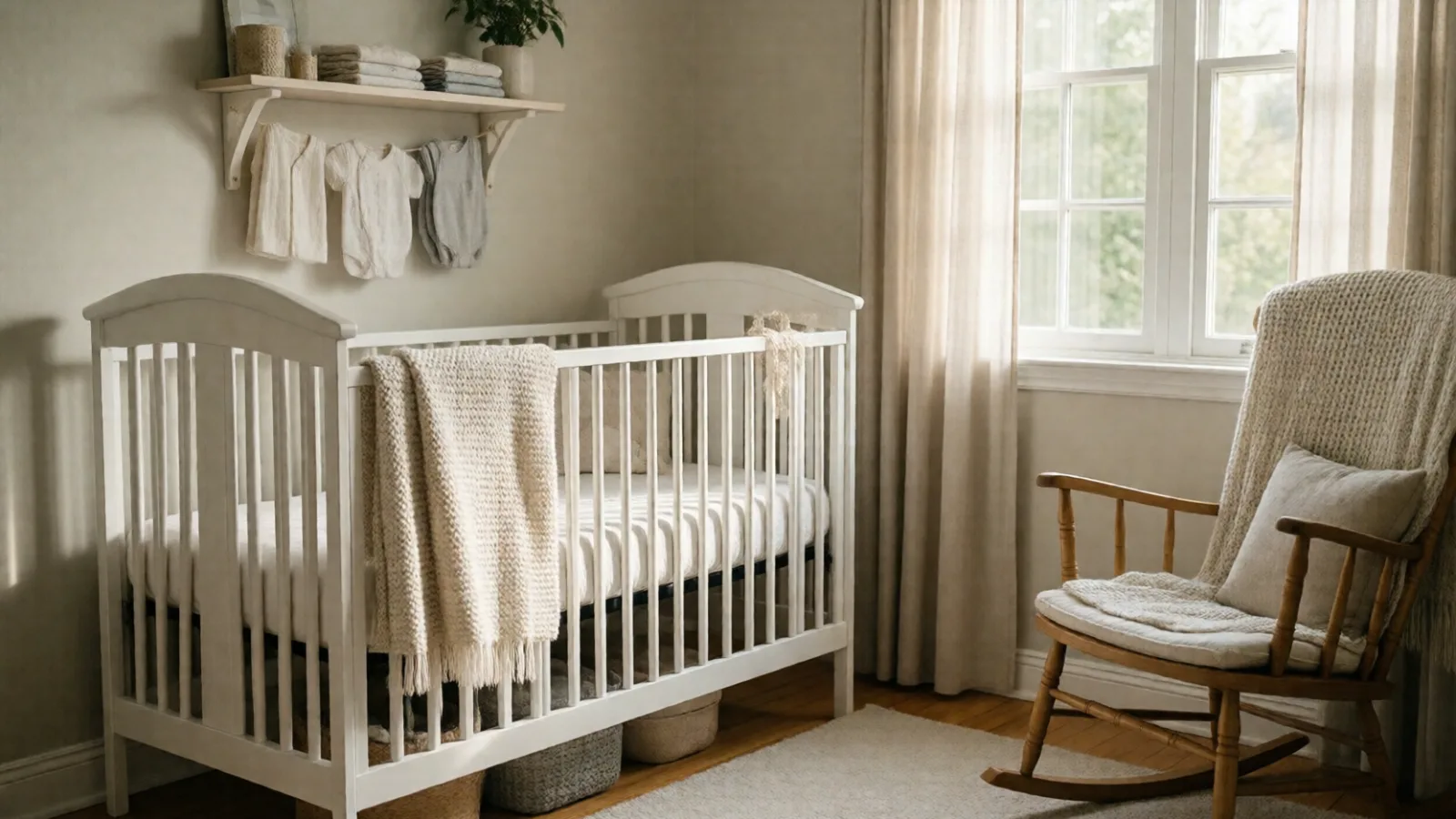 A calm, sunny baby nursery with a crib