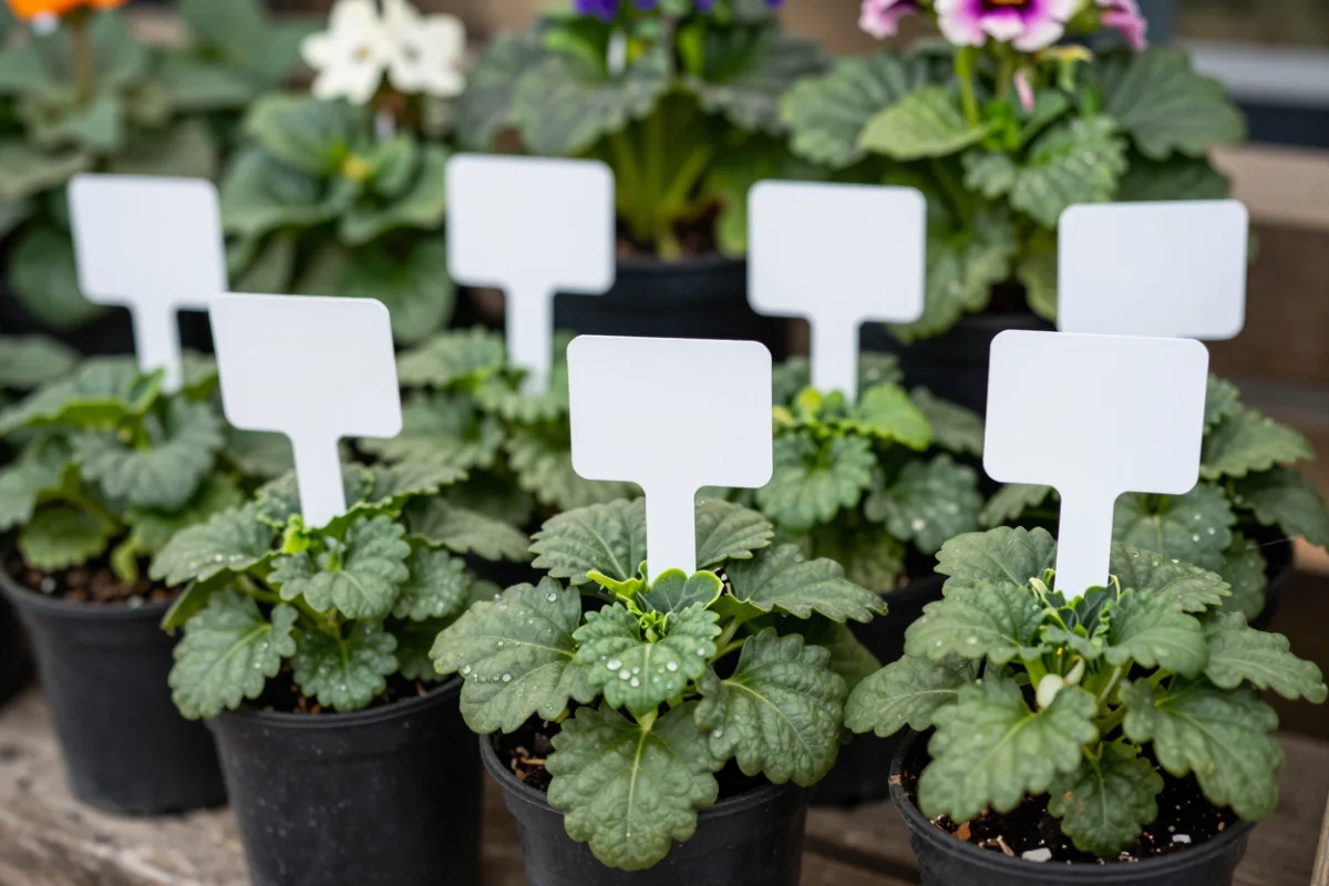 Potted perennial plants with plant tags lined up at a garden center