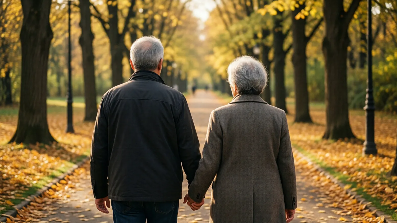 An older couple walking in a park in autumn
