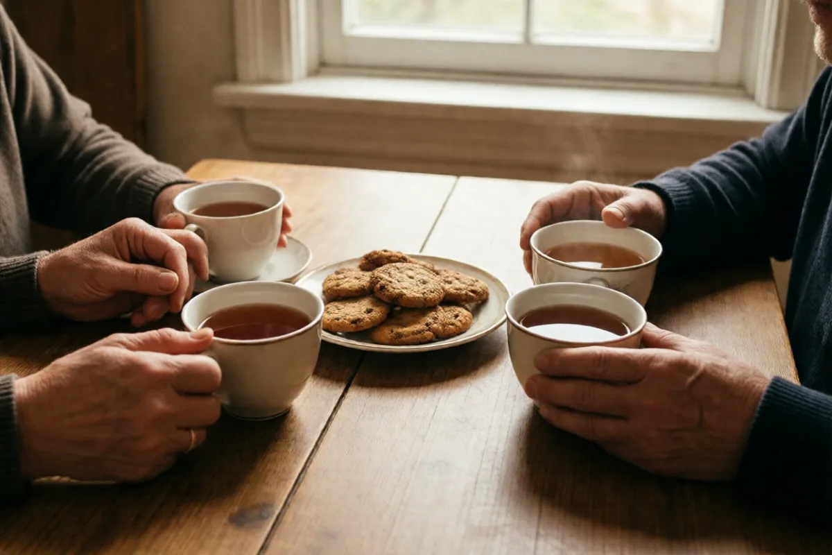 Talking over a cup of tea at the kitchen table